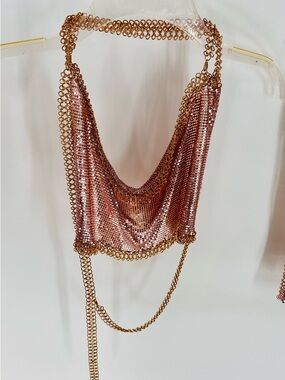 Drape Top & Skirt Chainmail Metal Sequin Cowl Top in Rose Gold 2-Piece Set